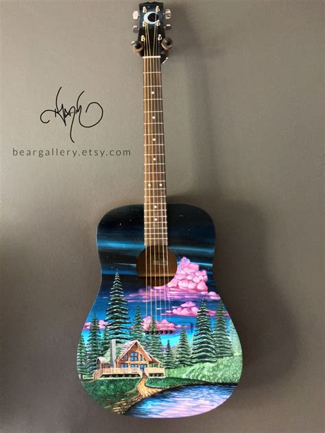 Custom Hand Painted Acoustic Guitar Forest Log Cabin Scenery By