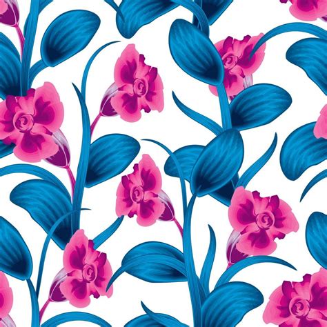 Abstract Pink Flower With Blue Leaves Tropical Seamless Pattern On