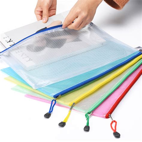10 Pcs Zipper Plastic Mesh Document File Bag Random Color