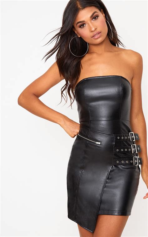 Black Faux Leather Buckle Detail Bandeau Bodycon Dress Dresses Prettylittlething Usa