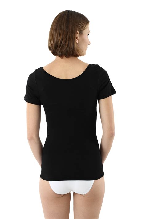 Womens Merino Wool Undershirt Deep Scoop Neck Short Sleeves Black Albert Kreuz