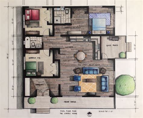 A Drawing Of A Floor Plan With Furniture