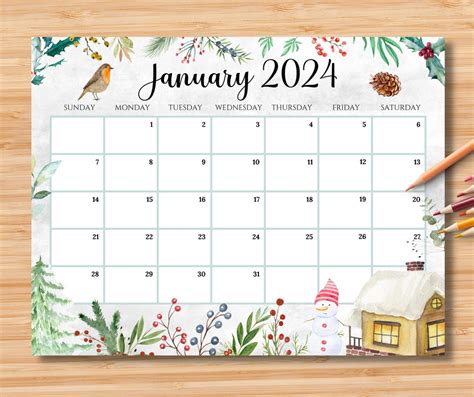 Editable January 2024 Calendar Beautiful Winter In A Garden Etsy