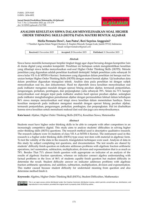 PDF Analisis Kesulitan Siswa Dalam Menyelesaikan Soal Higher Order