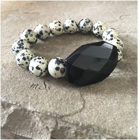 Unisex Dalmatian Jasper Bracelet With Faceted Black Gemstone Etsy