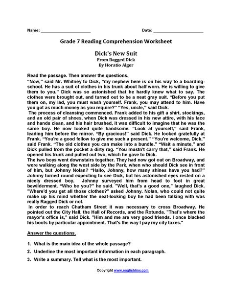 Among the complete standards for this grade, seventh graders will be asked to: English Comprehension Grade 7 With Questions - Easy Worksheet