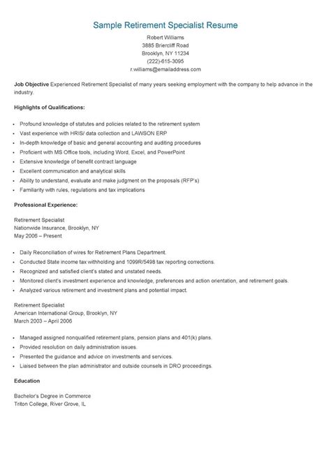 Sample Retirement Specialist Resume Resume Sample Resume Resume