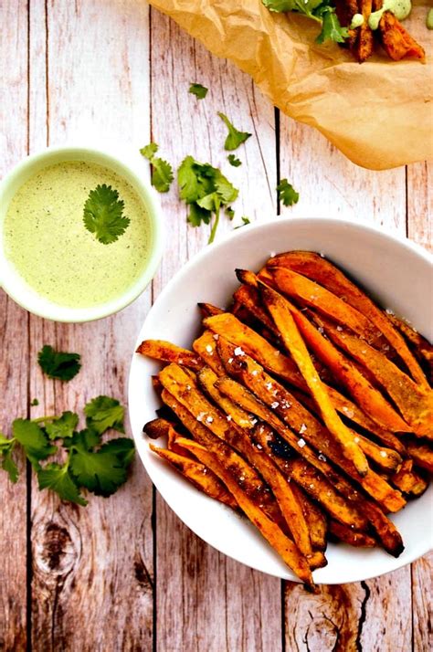 Sweet potatoes are loaded with vitamin a, c, maganese, a great source of fiber, potassium, and if you haven't tried sweet potatoes, try these fries. they are good and good for you! Sweet Potato Fries with Cilantro & Hemp Seed Aioli | Vegan ...
