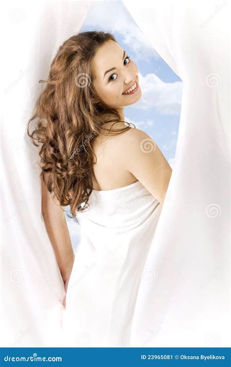 Girl Opens The Curtains Stock Image Image Of Attractive 23965081