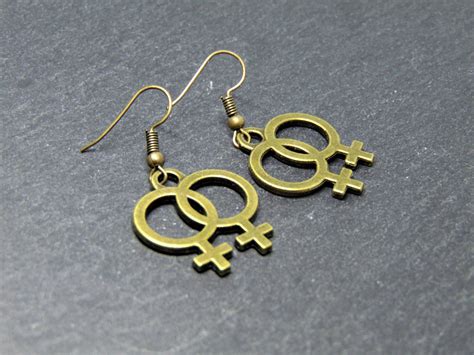 lesbian earrings double venus bronze female gender symbol etsy
