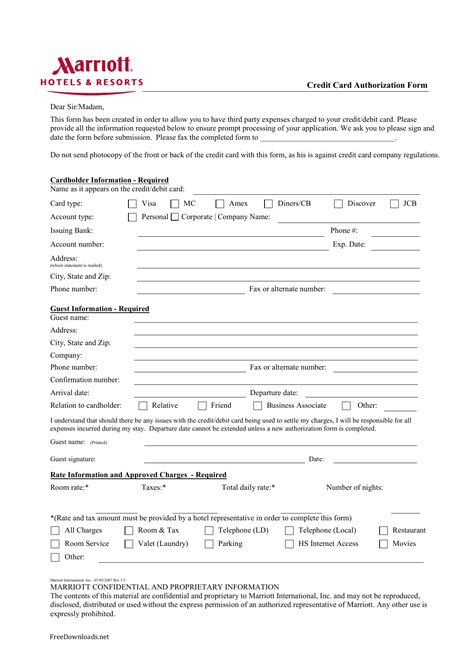 Marriott Hotel Credit Card Authorization Form Editable Fillable My