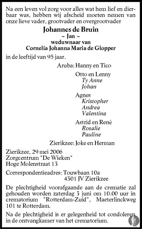 Johannes Jan De Bruin 29 05 2006 Overlijdensbericht En Condoleances