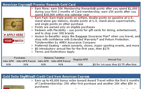 Receive 50,000 american express membership rewards points when you spend $1,000 or more on your american express premier rewards gold card within your first three months of card membership; 50,000 Points AMEX Premier Rewards Gold Card Signup Bonus Offer | TravelSort