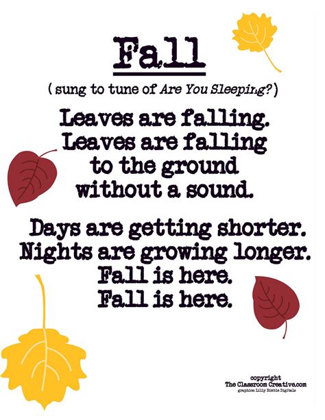 Fall Poem Song For Preschool Kindergarten First Grade 001 Fall Kindergarten Classroom Songs