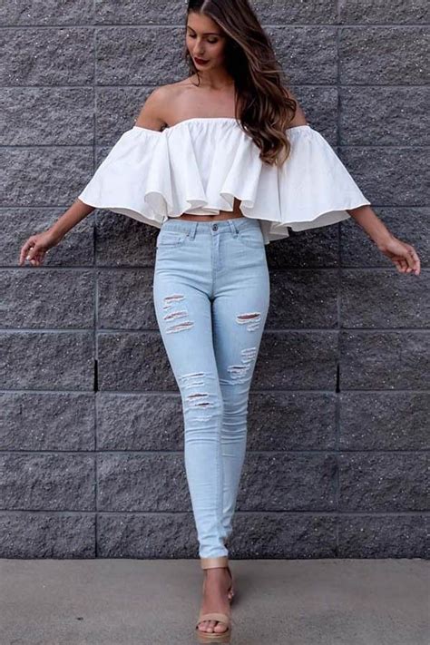 White Off Shoulder Ruffle Chic Crop Top Off Shoulder Outfits Casual