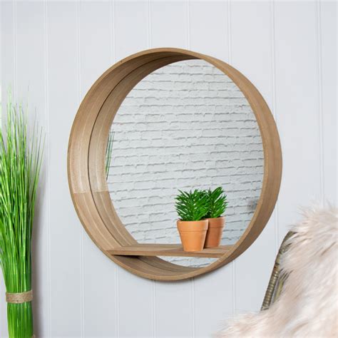 Large Round Natural Wooden Wall Shelving Unit Mirrored