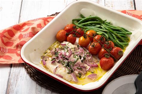 Tray Baked Red Gurnard With Cherry Tomatoes Green Beans And Salsa