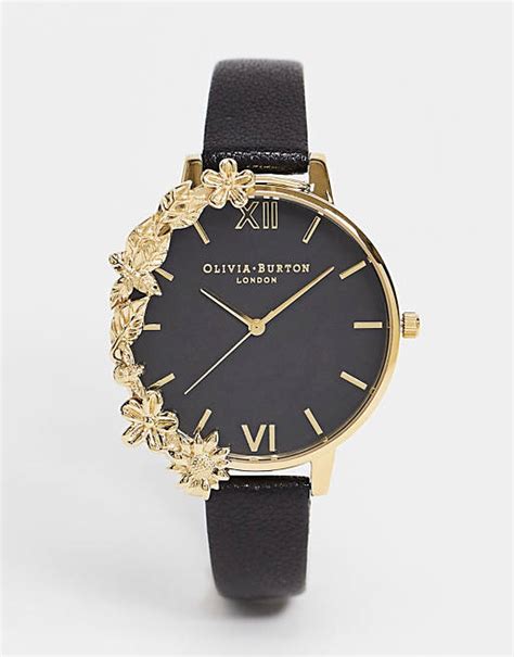 Olivia Burton Leather Watch With Gold Floral Dial In Black Asos