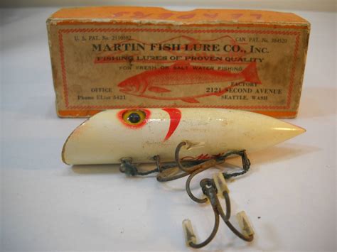 1930s Vintage Martin Fishing Lure White Red Gill With Original Box 4 1