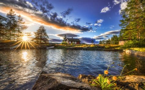 Herunterladen Hintergrundbild Ringerike K Sonnenuntergang See Sommer Norwegen Sch Ne