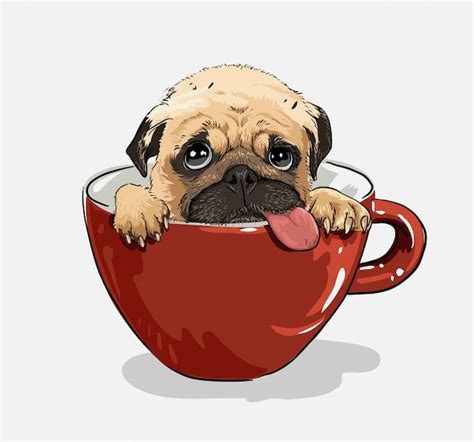 Puppy Dog In Red Big Coffee Cup Isolated On White Premium Vector