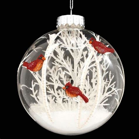 Cardinals Scene With White Tree Glass Ornament Christmas