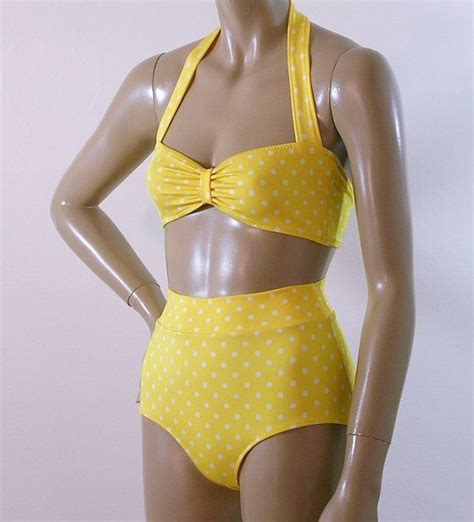 Yellow Polka Dot Retro Bandeau And High Waisted Bikini By Harajuku