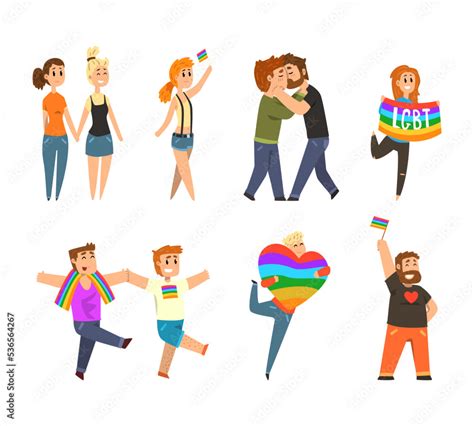 People Gay And Lesbian Characters As Lgbt Community Holding Rainbow Flag And Participating In