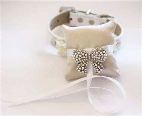 Couture White Leather Ring Pillow Bearers Collar Ivory Rhinestone Bow