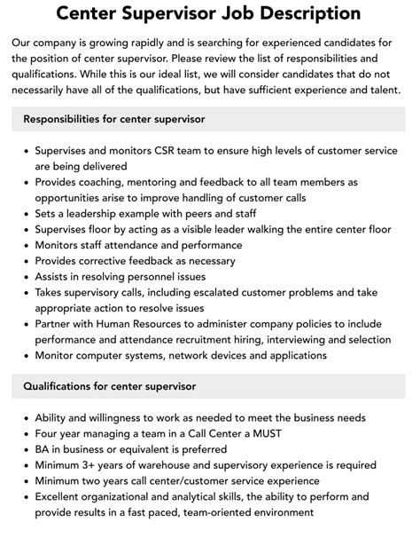 Call Center Floor Supervisor Job Description
