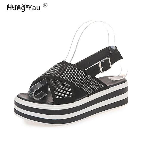 Hung Yau Summer Shoes For Women Buckle Bling Rhinestone Sandals Platform Creeper Thick Bottom