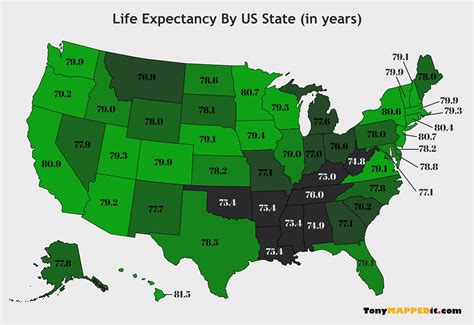 Life Expectancy By Us State Map Tony Mapped It