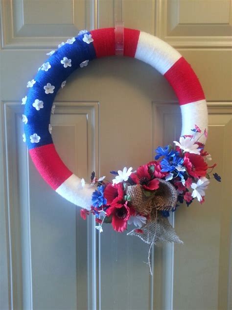 Patriotic Wreath With Yarn Wrapped Around Styrofoam Ring Diy Wreath