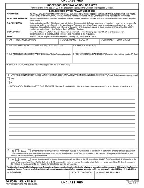 Da Form 1559 Download Fillable Pdf Or Fill Online Inspector General