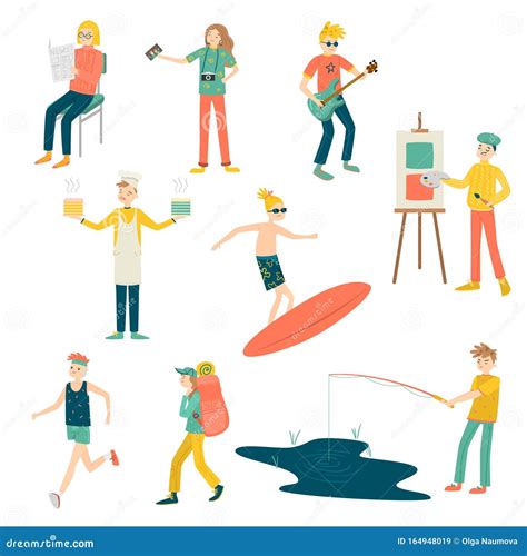 Set Of Girls And Boys Doing Their Hobbies Vector Illustration Stock