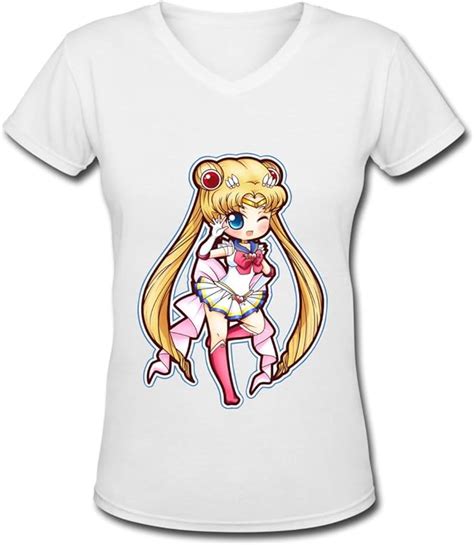 Womens Cute Sailor Moon T Shirt 100 Cotton V Neck Short Sleeve Tee Tops White Clothing