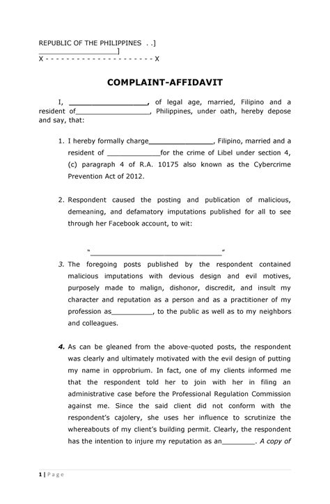 Affidavit Complaint Cyberlibel Sample Republic Of The Philippines