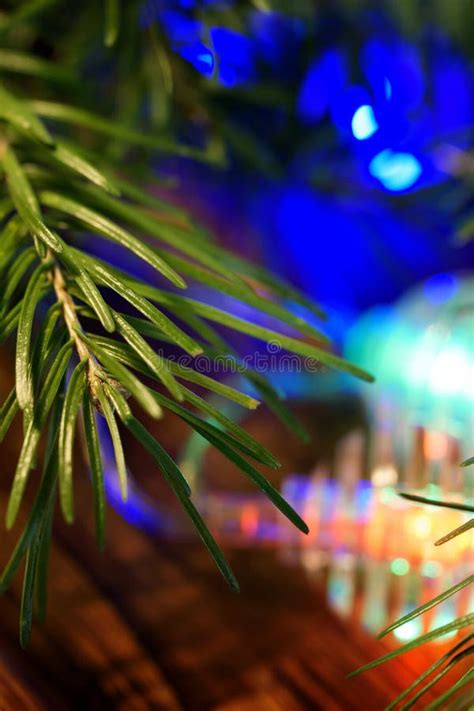 Christmas Tree Branches And Needles Along With Magical Colorful Lights