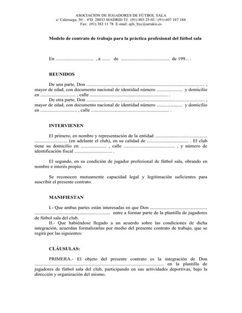 modelo de contrato de trabajo para la práctica profesional del fútbol