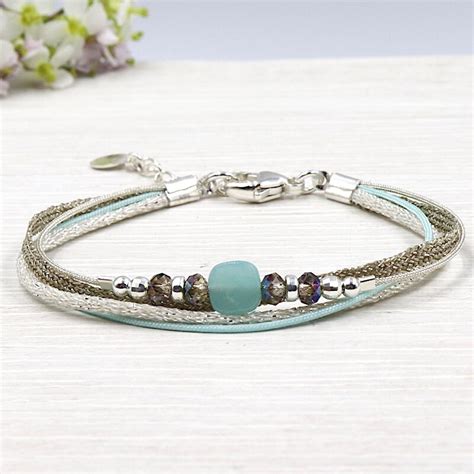 Multi Strands String Bracelet Swarovski Crystal And Amazonite Gem Stone