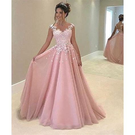 Pretty Pink Appliques Tulle A Line Long Prom Dresscustom Made