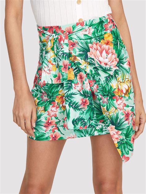 Tropical Print Asymmetric Wrap Skirt Makemechiccom
