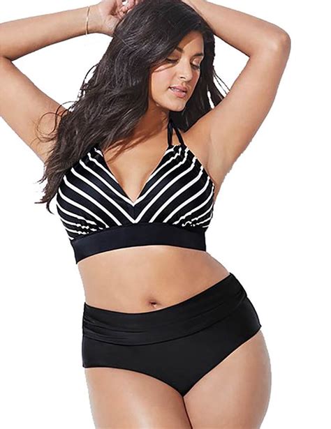 Plus Size Fashion Striped Sexy Black Bikini Set Ohyeah