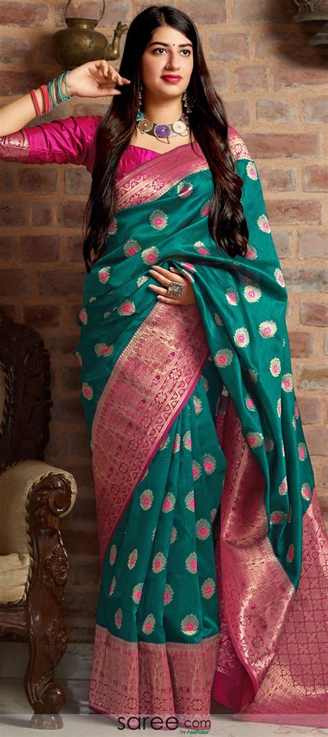 Teal Green Banarasi Silk Traditional Saree With Woven Buttas And Contrast Border And Pallu