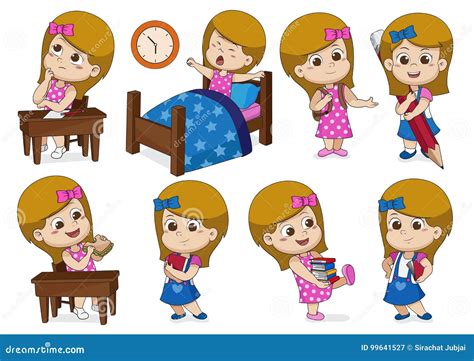 Set Of A Girl Doing Activities In One Day Stock Vector Illustration