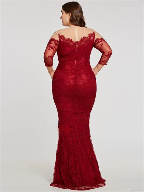 wine red plus size special occasion dresses for women illusion lace sleeves sheer neck 2019