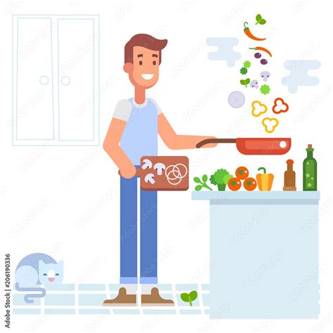 Young Man Cooking Vector Flat Cartoon Illustration Stock Vector