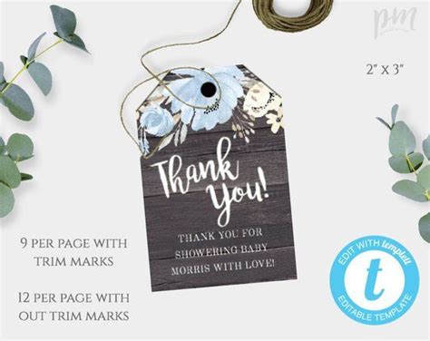 Free printable baby boys thank you cards. Rustic Floral Blue Thank You Tag Template for Boy Baby Shower, Printable Gift Tag, Favor Tag for ...