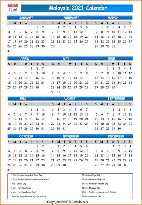 Malaysia Calendar 2021 With Malaysia Public Holidays