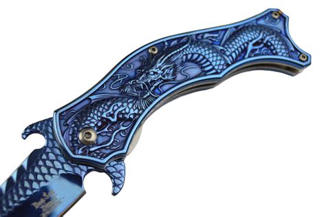 8 Dragon Blue Spring Assisted Open Blade Folding Pocket Knife Fade